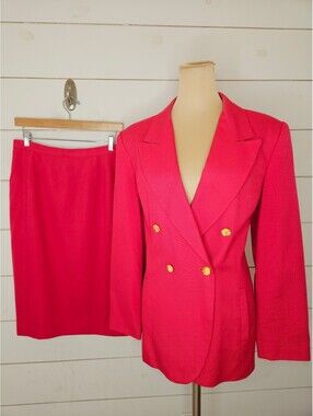 Kasper for ASL size 12 pink with gold buttons longer jacket skirt suit
